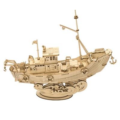 China Laser Cutting Custom Made Kids Wooden 3D Puzzle Jigsaw Toys Toddler Puzzles Vehicle Wooden Kids Play Fishing Boat DIY Set Unisex Customized for sale