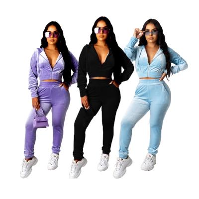 China Casual 2 Piece Set Velvet Ladies Crop Sportswear Hoodie Suit Long Sleeve Velvet Top Women QUICK DRY for sale