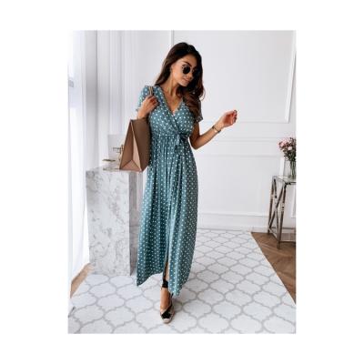 China Bohemian Polka Dot Casual Print Long Sleeve Anti-static Hot Short V-Neck Ladies Summer Sale Bohemian Dress for sale