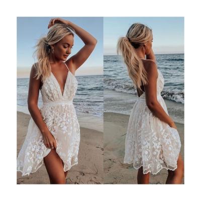 China 2021 New Temperament Ladies Lace V-neck Backless Breathable White Floral Casual Dress for sale