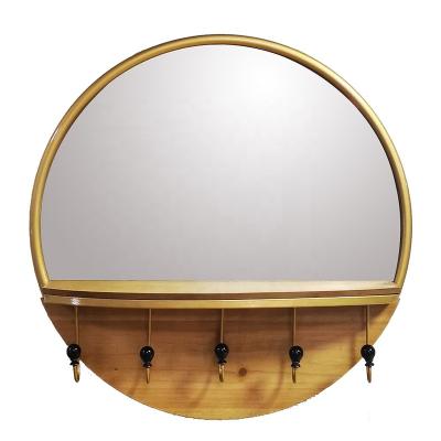 China Minimalist Round Gold Wooden Shelf Metal Frame Natural Fir with 5 Black Hooks Accent Wall Decor Around Wall Mirror for sale