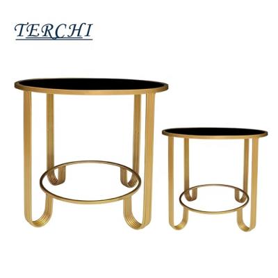 China (Size)New Bold Tones Adjustable Round Stainless Steel Glass Metal Gold Shaped Modern Coffee Table For Living Room Sofa Side for sale