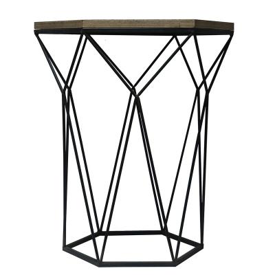 China Europe Simple Modern Lifting Hexagon Distressed Wooden Top Metal Nightstand Bed Side Living Room Base Modern Side Table for sale