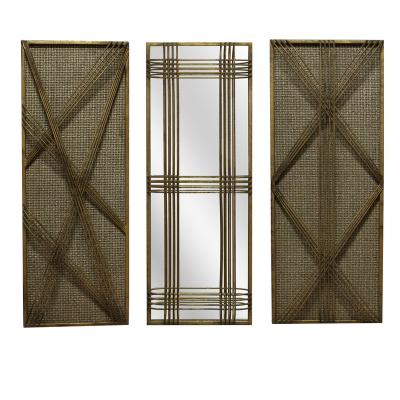 China Antique Art Modern Metal Rectangle Gold Mirror and Rattan 3 Morden Wall Hanging Decor Set for Living Room for sale