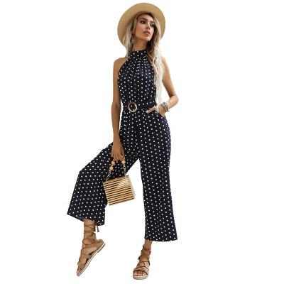 China Anti-pilling Worldealshop Customize Women Ring Belt Dot Printed Sleeveless Wide Leg Pants Casual Stylish Ladies Overalls for sale