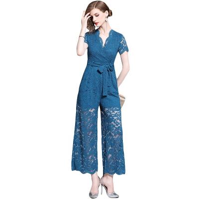 China Worldealshop Women's Elegant Anti-pilling Overalls Lace Sum Overalls V-Neck High Waisted Custom Slim Wide Leg Pants for sale