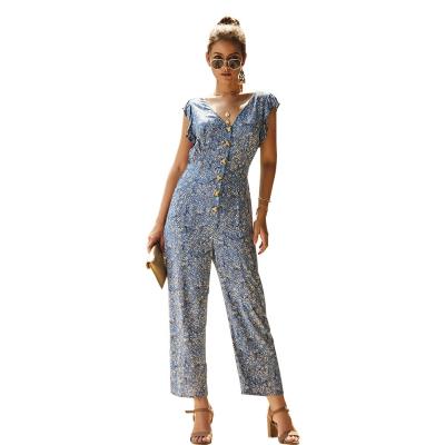 China Worldealshop OEM Women's Summer Anti-pilling Straight Leg Cropped V-neck Floral Chiffon Leisure Ladies Overalls Pants for sale