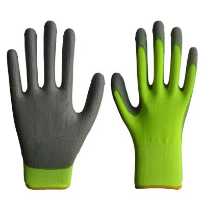 China Durable Wholesale Fluorescent Green Gray Color Yarn PU Coated Palm Gloves for sale