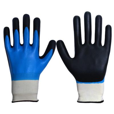 China Anti-impact blue fully coated nitrile and palm coated matte black nitrile gloves for sale