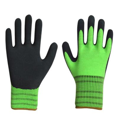 China Durable Green Polyester Palm Coated Black Nitrile Frosted Work Gloves for sale