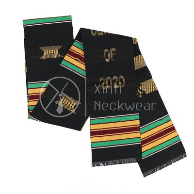 China 100% Custom Wholesale Sales Kente Cloth Graduation Stole Logo Embroidered African Magic Sash Fraternity Handmade Black Polyester with Fringles for sale