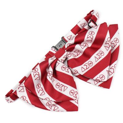 China 100% Polyester Woven Ladies Bow Ties Custom Made Handmade Theta Logo Red Striped Bowties Fashion Sorority for sale