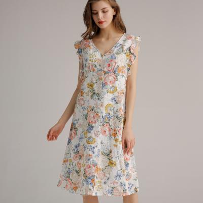 中国 V -首の花柄のリネン服によって編まれた開いた前立ては短い袖の服を波立たせた 販売のため