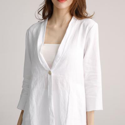 China Chaqueta casual para mujer S M L de las camisas de lino del algodón blanco con Placket abierto en venta