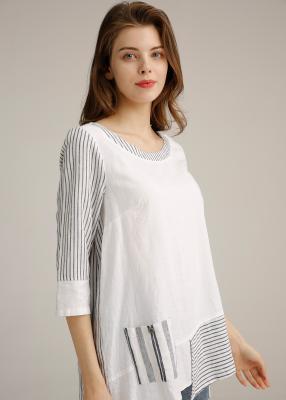 China La camiseta abofetea las camisas de lino casuales para mujer 3 blusas con mangas cuartas con el paño que empalma en venta