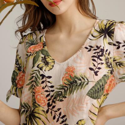 China La manga corta Maxi Shift Womens Casual Linen viste floral sacada con pala del cuello impreso en venta