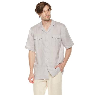 China Camisa de lino para hombre del cuello del campo de Guayabera de la manga corta de los cordones de los plisados con 2 bolsillos en venta