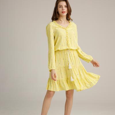 Cina Polka di tela casuale Dot Tunic Sundress del cotone dei vestiti delle donne a file della manica lunga in vendita