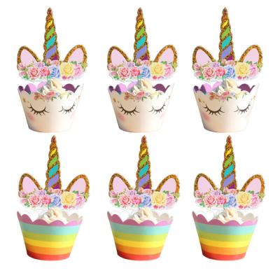 China Party Decoration 24pcs Kids Party Cake Decorations Set Unicorn Cake Topper With Cupcake Wrapper for sale