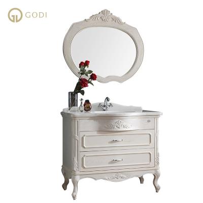 China European Luxury High Quality American Red Oak Hand-Carved Wood Bathroom Vanity With Natural Marble Top US-40 for sale