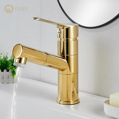 China Pull Out Commercial Spray Faucetsbathroom Faucet Wash Hand Faucet GODI Taps Gold Modern Deckmounted Basin Faucets for sale