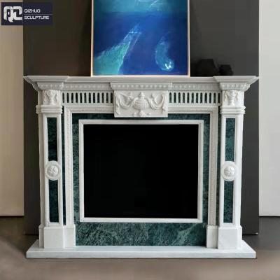 China Wholesale Modern Factory House Interior Decoration Carving Design Green And White Marble Fireplace for sale