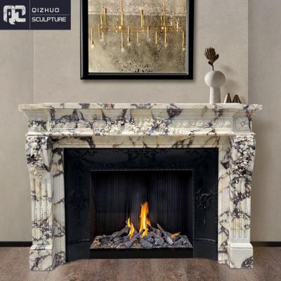 China Popular EUROPEAN Customized French Style Design Hand Carved Decorative Natural Calacatta Viola Marble Fireplace Mantle for sale