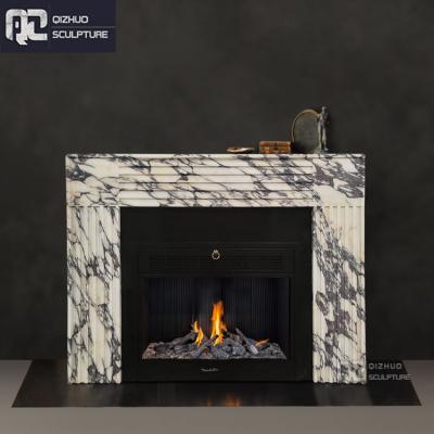 China Modern EUROPEAN Living Room Decoration Italian Customized Hand Carved Natural Calacatta Viola Marble Fireplace Mantel for sale