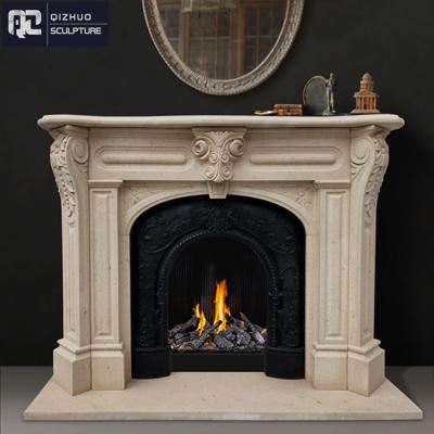 China Western Indoor Freestanding Modern Customizes Size Indoor Decor Stone Hand-carved Beige Marble Fireplace Mantel for sale