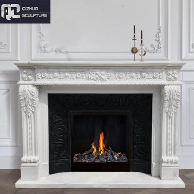 China Customized Western Antique Decoration Indoor Hand Carved Electric Fireplace Marble Surround For Home Decoration for sale