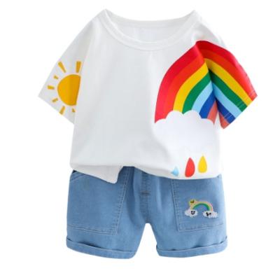 China 2021 Boy Clothing Rainbow Casual Shirt Fits Autumn Casual Denim Short Sleeve Shirt Jeans Outfit for sale