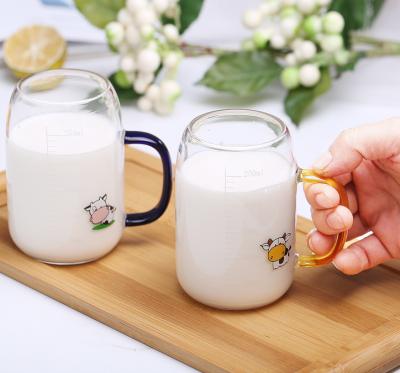 China Viable High Quality Glass Home Gift Good Price Cartoon Milk Scale Cartoon Cup Student Breakfast Sale Drinking Mug for sale