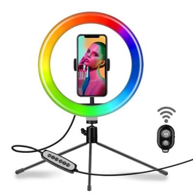 China Adjustable Stand RGB LED Ring Light Selfie With Remote Live Photography Makeup Video Shoot Selfie Ring Light Rechargeable Fill Light Glow Phone Holder for sale