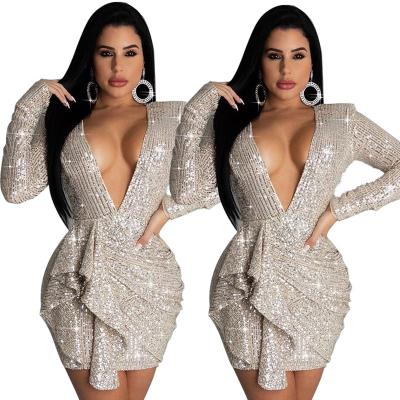 China Anti-wrinkle Women Clothing V-Neckline Backless Mini Party Prom Sequined Evening Dresses for sale