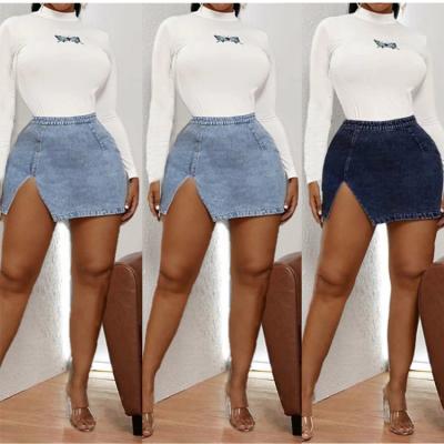 China JL126 New Arrivals Women Ladies XS Wholesale Waterproof High Waist Front Split Blue Jeans Mini Skirts for sale