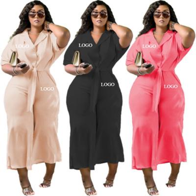 China 2022 Summer J9723 Plus Size Breathable Ladies Bandage Short Sleeve Shirt 2 Piece Panties Set Solid Women Casual Wide Leg Pants Suit for sale