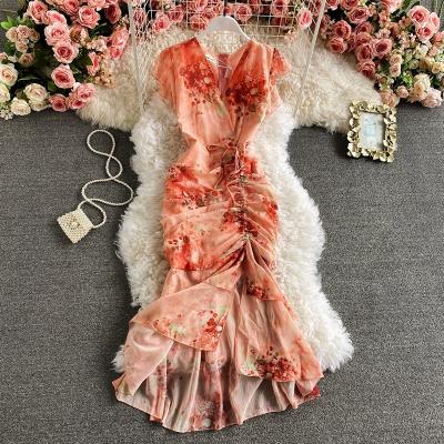 China Vintage JL422 Breathable V-Neck Print Beach Dress High Waist Dress Chiffon Temperament Long Fishtail Bag High-waisted Dress for sale