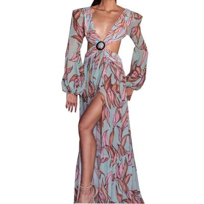 China Casual Floral Print Backless V Neck Flower Women Ladies Casual Dresses JL425 Anti-Static Maxis 2022 for sale