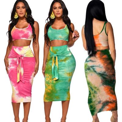 China J8169 Wholesale Tie Dye Anti-pilling Women 2 Piece Set Set Sleeveless Ourift Crop Dress Set Women Top Clothing Summer for sale