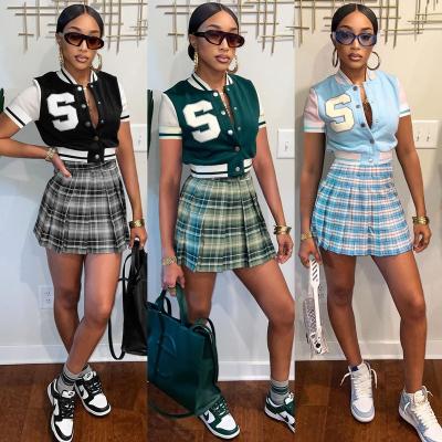 China Breathable JL491 2022 Summer Outfits Two Piece Jersey Casual Plaid Dresses Cute Girls' Baseball Jackets 2 Piece Pleated Skirt Sets for sale