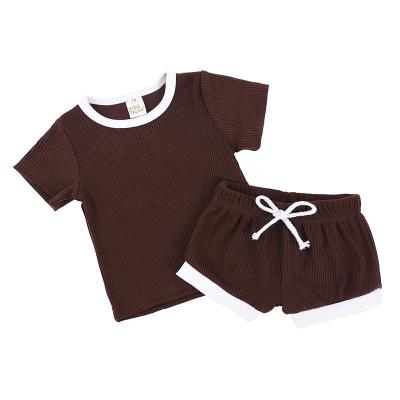 China Summer Breathable Personalized 100% Brown Ribbed White Cotton Shorts Sleeve Skirt Kids Clothing Sets for sale