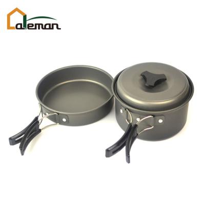 China Portable 2 Piece Camping Cookware Set, Outdoor Picnic Portable Mini Compact Hard Anodized Aluminum Hiking Cookware 2 Pcs Set OEM Accepted for sale