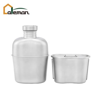 China 1100ml Titanium Army Water Bottle Drinking Canteen and 700ml Dirty Tin Cup Mug Mess Kit 2 PCs Set with Carry Pouch Hiking Survival OEM for sale