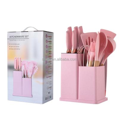 China Sustainable Amazon Silicone Kitchenware 19-piece Knife Combination Set Storage Bucket Straw Kitchen Knife Macaron for sale