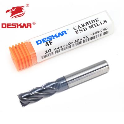 China Solid Carbide DESKAR 4F-10mmX10X30X75 HRC50 4 Flute 4mm Carbide End Mill Cutters for sale