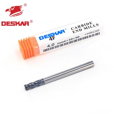 China Solid Carbide DESKAR 4F-4.0mmX4X10X50 HRC50 4 Flute 4mm Carbide End Mill Cutters for sale