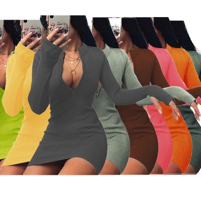 China 2021 New Arrival Women's Clothing Solid Color Sleeve Bodycon V-Neck Breathable Casual Dress Long for sale