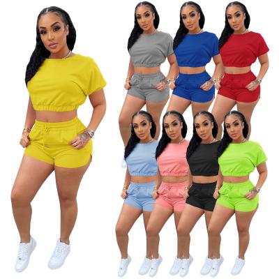 China 2021 Customs Logo Solid Color Short Sleeve Breathable Top Shorts Summer Casual Women Biker Shorts Two Piece Set for sale