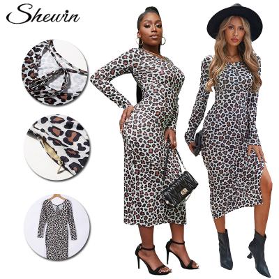 China 2022 Cheap Casual Bodycon Women Long Sleeve Fashion Club Dress Breathable Leopard Ladies Maxi Dress for sale