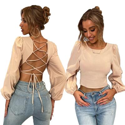 China 2022 New Design Solid Color Bandage Spring Anti-Shrink Elegant Women Long Sleeve Backless Blouses for sale